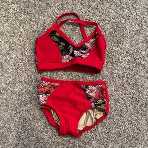Vibrant Red Kids Dancewear Set with Patterned Accents